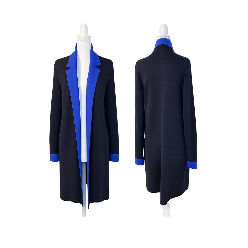 Talbots Colorblock Merino Wool Longline Cardigan Duster Black Blue Open Front  S